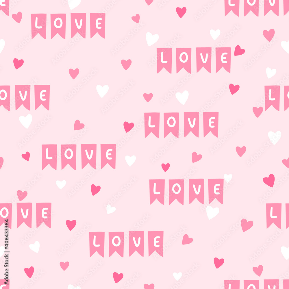 Cute pink pattern with heart and LOVE signs. Perfect for wrapping, textile, fabric. Vector