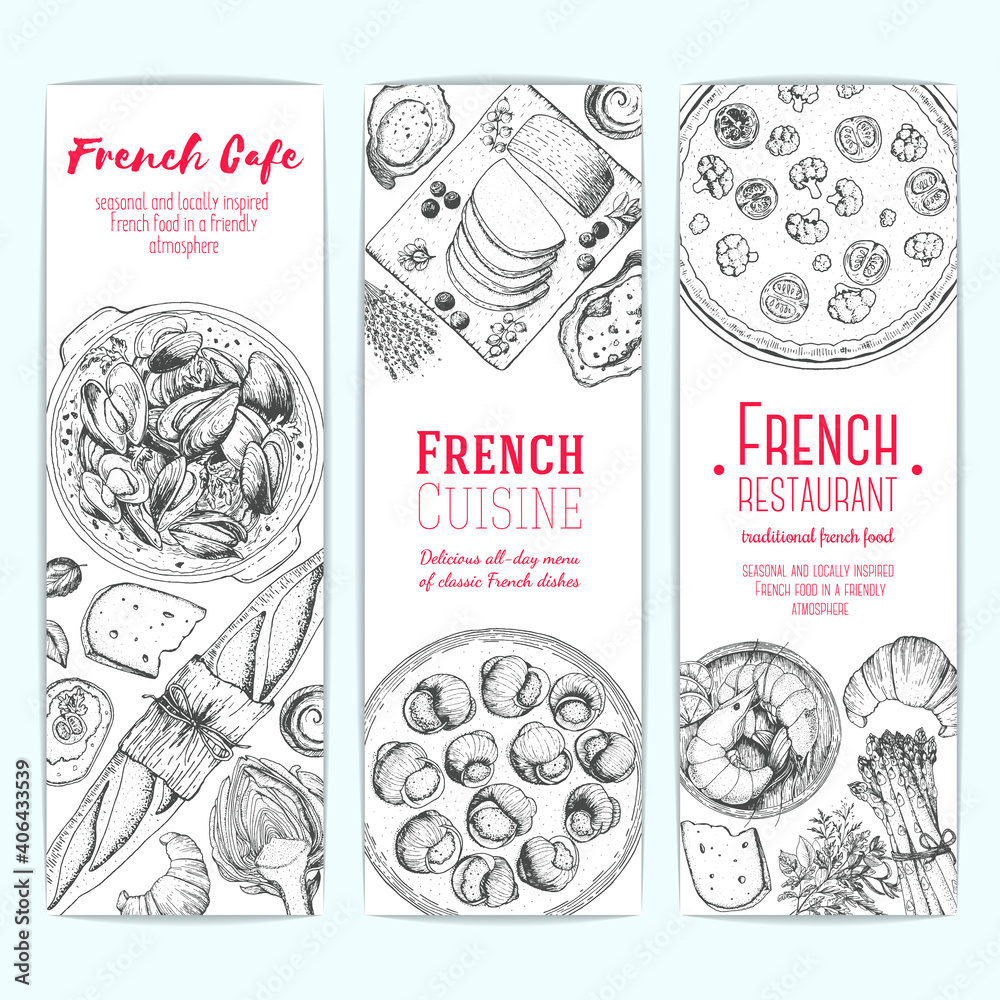 French food design template. Vertical banners set. Vector illustration with poached eggs, bakery, cheese, ratatouille, pissaladier. French Cuisine restaurant menu. Hand drawn sketch vector banners.