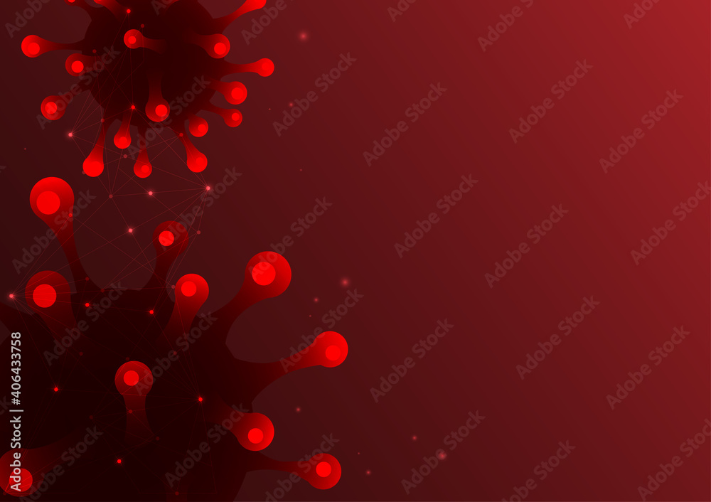 Red coronavirus outbreak on the red background, pandemic, medical health, disease cells, dangerous virus Red coronavirus outbreak on the red background, pandemic, medical health, disease cells, dangerous virus