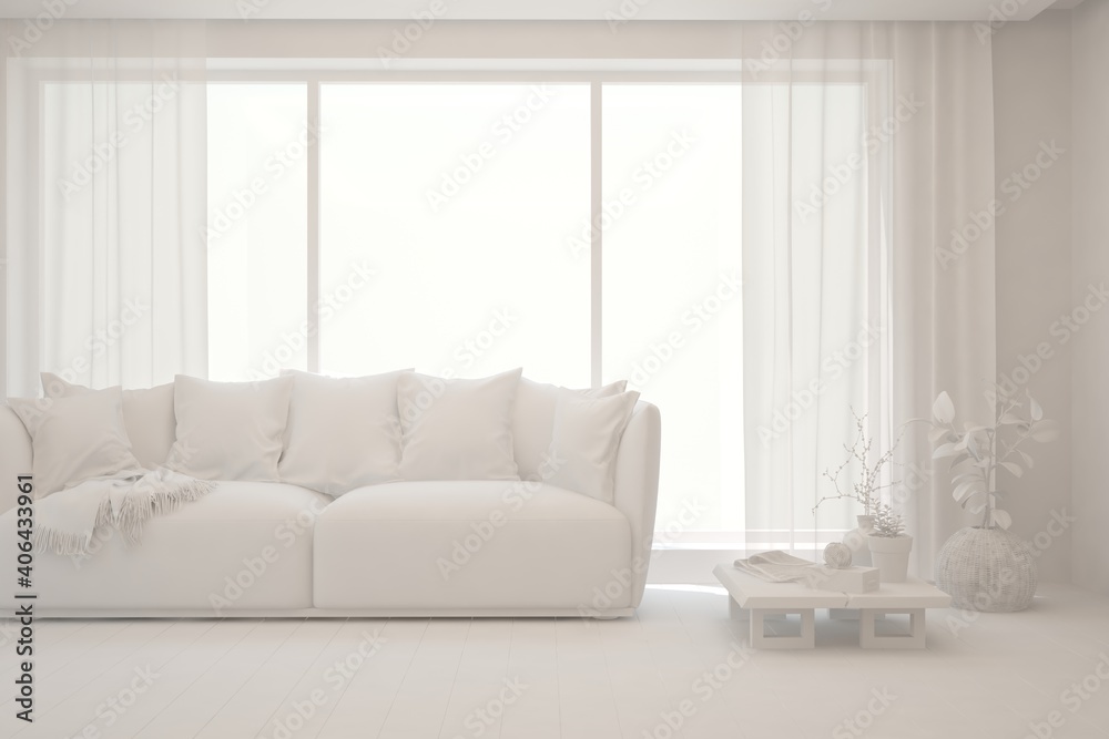 Fototapeta premium White minimalist living room with sofa. Scandinavian interior design. 3D illustration