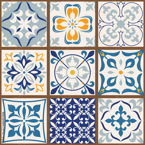 Collection of 9 colorful tiles. Seamless patchwork tile with Islam, Arabic, Indian, Ottoman motives. Majolica pottery tile, blue, yellow azulejo, original traditional Portuguese Spain decor. Vector