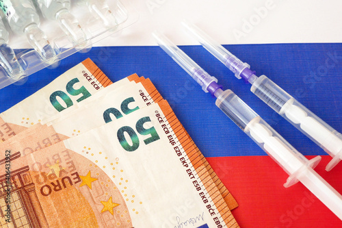 russian flag, vaccine sputnik-V or EpiVacCorona and money, money for purchase and production vaccine