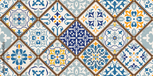 Seamless colorful patchwork tile with Islam, Arabic, Indian, ottoman motifs. Majolica pottery tile. Portuguese and Spain decor. Ceramic tile in talavera style. Vector illustration.
