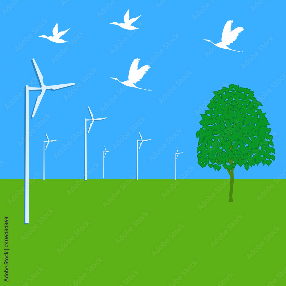 Nature, spring, flying birds, tree, wind generator - illustration, vector. Renewable energy resources.