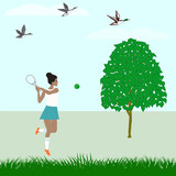 Spring landscape, flying ducks. African American girl plays tennis - vector. Sports activities in nature.