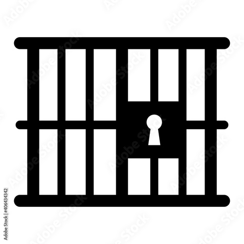 Prison or jail silhouette symbol. Metal cage with bars and lock. Crime justice or punishment icon. Vector black shape isolated on white background.