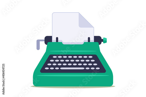 green typewriter with blank sheet of paper on white background. flat vector illustration.