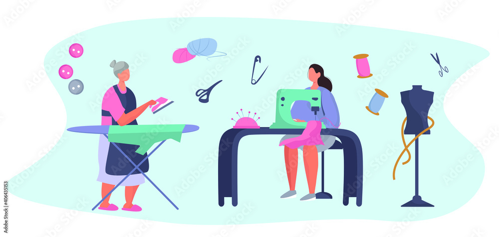 Dressmaker or Seamstress Work with Sewing Machine and Mannequin in Atelier or Home.Professional Tailor or Fashion Designer.Ironing Cloth.Sewing to Order at Home during Coronavirus.Vector Illustration