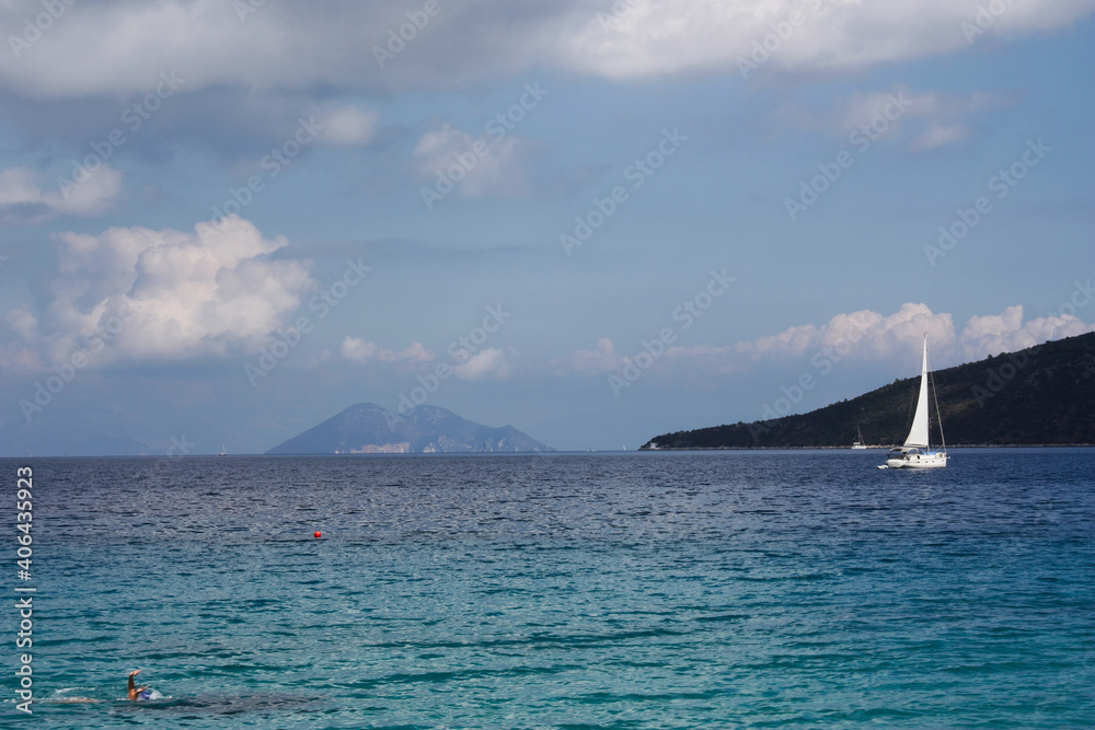 Fototapeta premium Sailing yacht in the Aegean Sea in Greece. Sailing.Sailing around Greece.