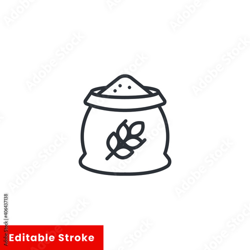 Grain bag icon. Bag of wheat, farming agriculture, feed bag, seed sack. Wheat ears and flour bag. Bread flour logo pictogram. Editable stroke Vector illustration. Design on white background. EPS 10