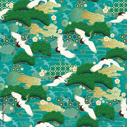 Seamless pattern with japanese cranes