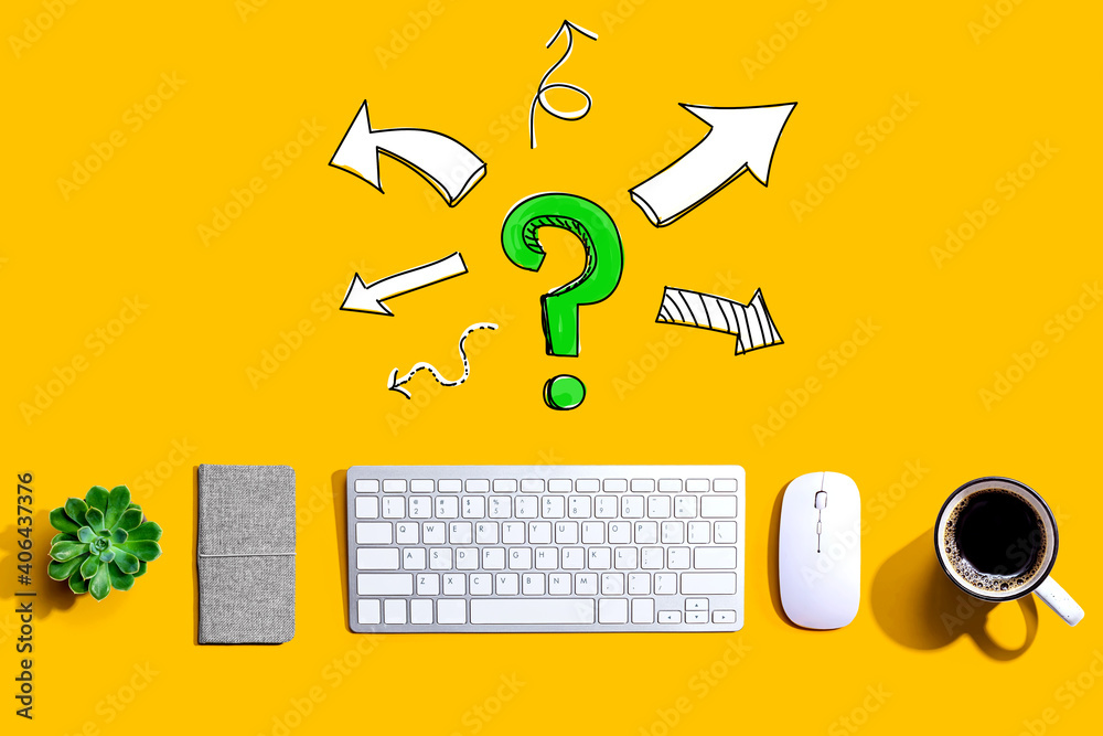 Question mark with arrows with a computer keyboard and a mouse Question mark with arrows with a computer keyboard and a mouse