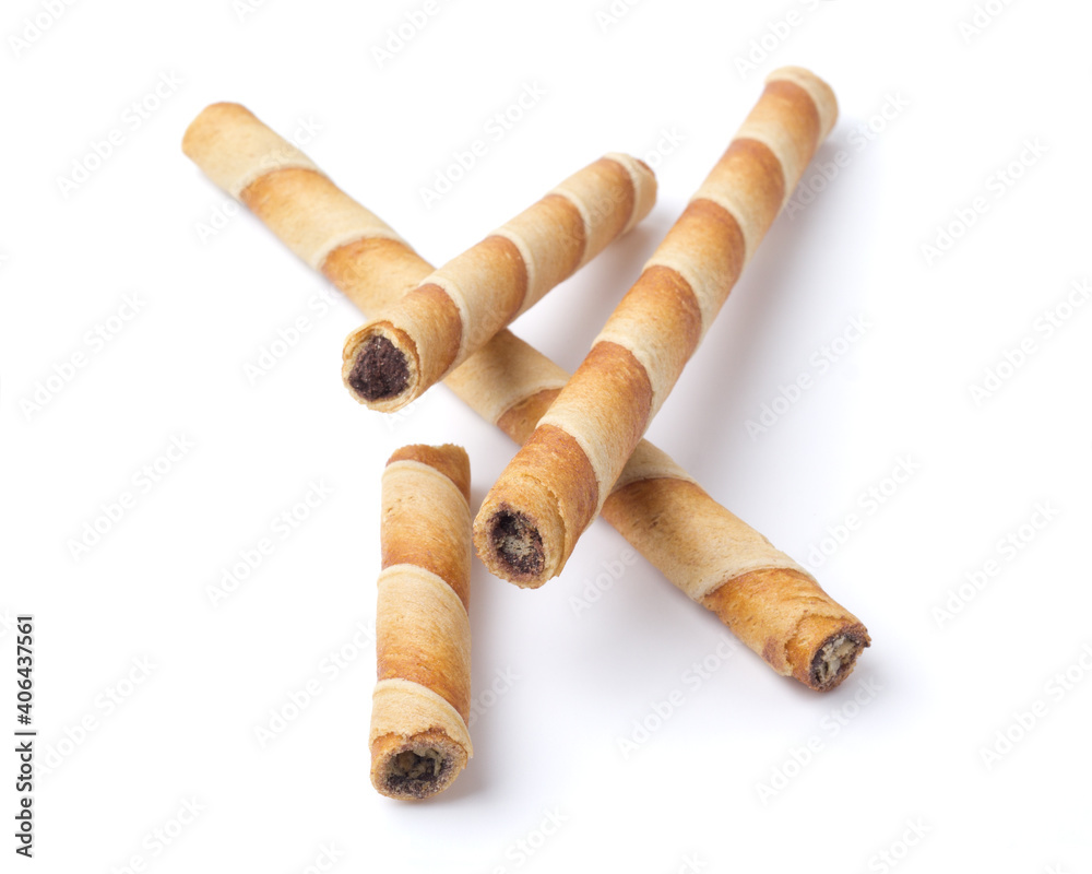 Rolled wafer snacks on white
