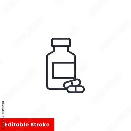 Medicine bottle and two capsules line and solid icon. Pain killer, vitamin pharmacy logo. Multivitamin capsule dose pictogram for healthcare. Vector illustration design on white background. EPS 10