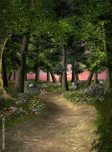 Bright footpath in the blooming forest