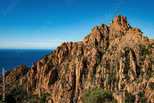Rock formations in the bizzare landscape of Calanche de Piana, located in n the Gulf of Porto, on the west coast of Corsica, France photo