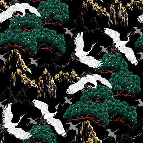 Plakat ptak pejzaż stado japonia orientalne