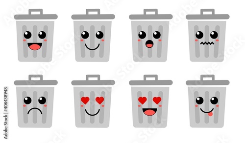 Set of cute cartoon colorful trash bin with different emotions. Funny emotions character collection for kids. Fantasy characters. Vector illustrations, cartoon flat style