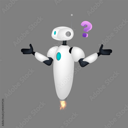 Confused white flying robot. The bot makes a helpless gesture. Vector.