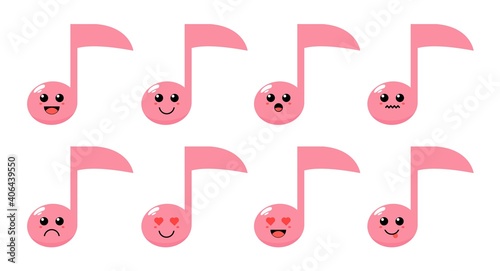Set of cute cartoon colorful pink musical note with different emotions. Funny emotions character collection for kids. Fantasy characters. Vector illustrations, cartoon flat style