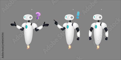 Set of white flying robots. Chat bots. Good for app and game design. Vector.