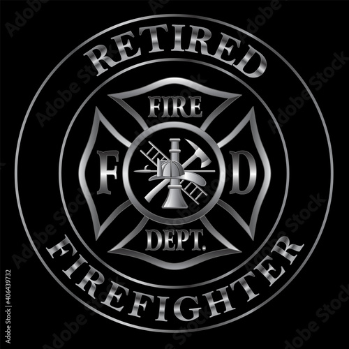 Retired Firefighter Silver Emblem is a design illustration that includes a classic silver fire department Maltese cross and text in a circle that says Retired Firefighter. Great promotional graphic.