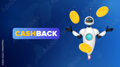 White flying robot and gold coins in the air. Cashback concept. For the topic of saving and returning money. Realistic style. Vector