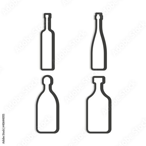 Vodka red wine tequila rum bottle. Linear shape. Simple template. Isolated object. Symbol in thin lines for alcoholic pub, bars, restaurants. Dark outline. Flat illustration on white backdrop