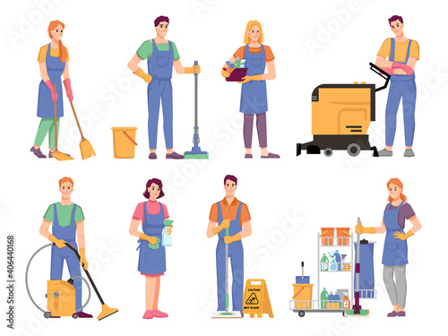 People with equipments, detergents and cloths for cleaning and tidying space. Isolated set of cleaners washing and sweeping floor, wiping dust from surfaces. Cartoon character, vector in flat style