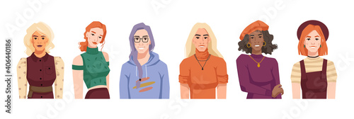 Women from different cultures, nationalities and races. Isolated portraits of female personages. Diverse girls wearing stylish clothing. Group of people. Cartoon character, vector in flat style