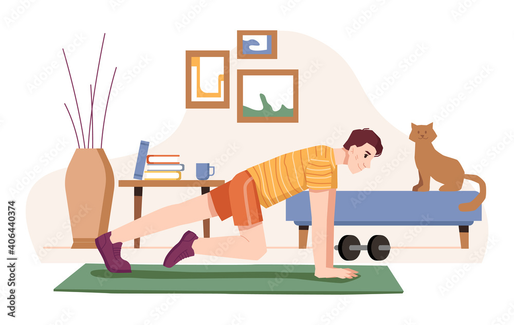 Working out at home, man doing push ups or mountain climber for abs and muscles growth. Male personal training at mat for yoga. Strength and improvement. Cartoon character, vector in flat style