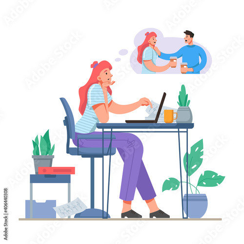 Employee working from home dreaming of team buildings and meeting with colleagues. Lady thinking of drinking coffee with boyfriend. Distraction at work. Cartoon character, vector in flat style