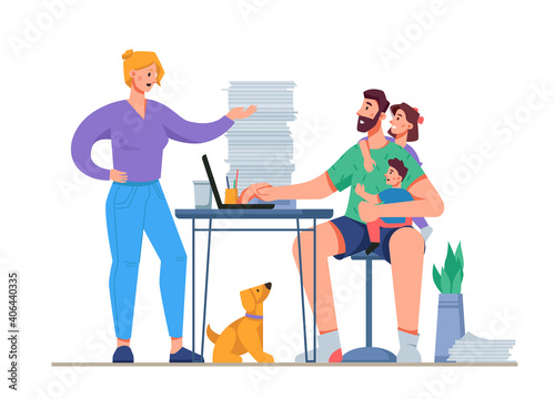 Freelancer man working from distracted from work with family life, shouting wife, kids and pet. Isolated employee sitting by computer with lots of papers. Cartoon character, vector in flat style