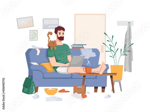 Freelancer with tousled hair in shorts and a t-shirt works at laptop at home in mess. Vector man working at distant work at home, cup of coffee on table, quarantine and remote business from house