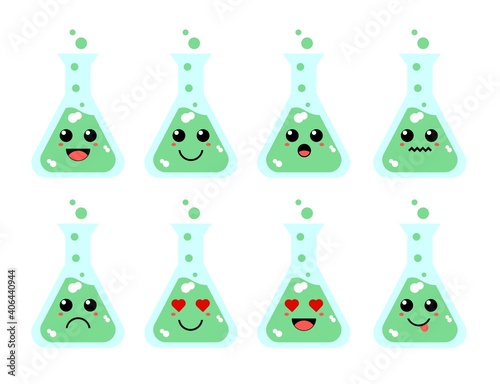 Set of cute cartoon colorful green liquid in flask with different emotions. Funny emotions character collection for kids. Fantasy characters. Vector illustrations, cartoon flat style
