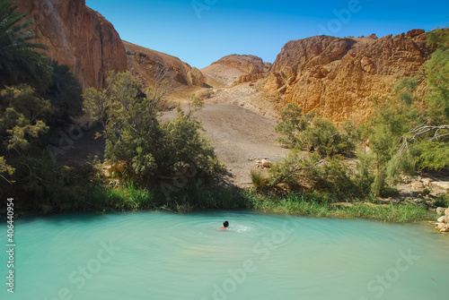 Kid in green lake in the middle of Sahara Desert. Oasis in Chebika photo