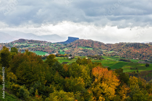 Foliage countryside and Bismantova climbing rock, Reggio Emila, Italy photo