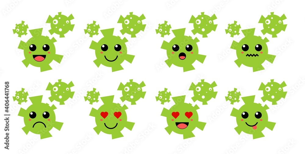Obraz premium Set of cute cartoon colorful green virus with different emotions. Funny emotions character collection for kids. Fantasy characters. Vector illustrations, cartoon flat style