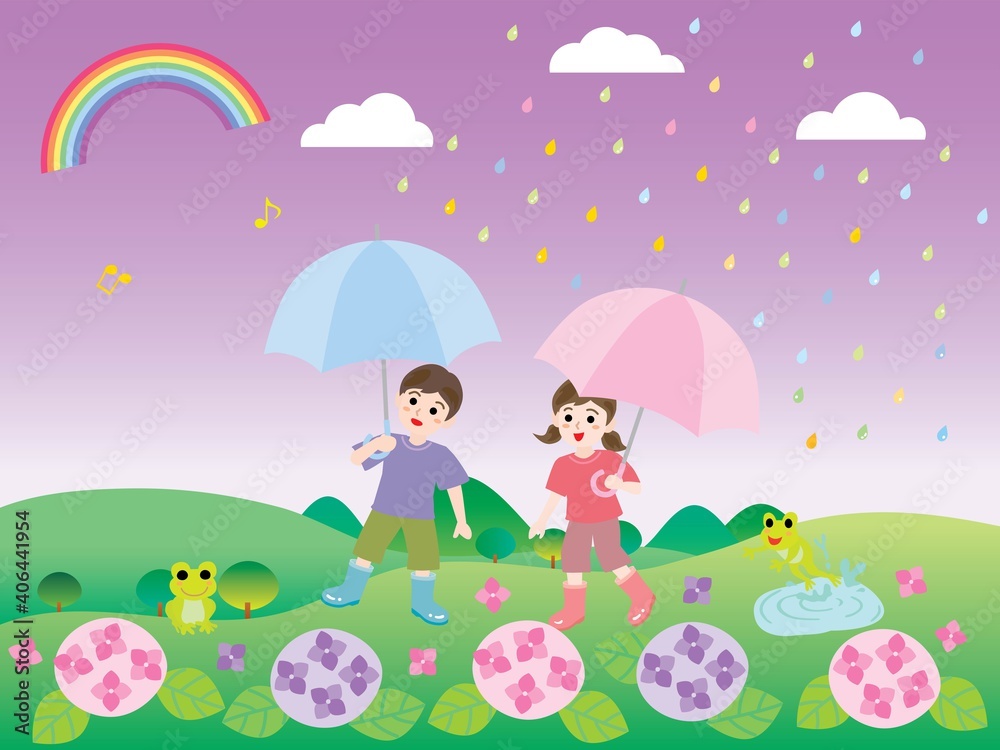 梅雨の紫陽花と子供たちと里山の風景 梅雨の紫陽花と子供たちと里山の風景