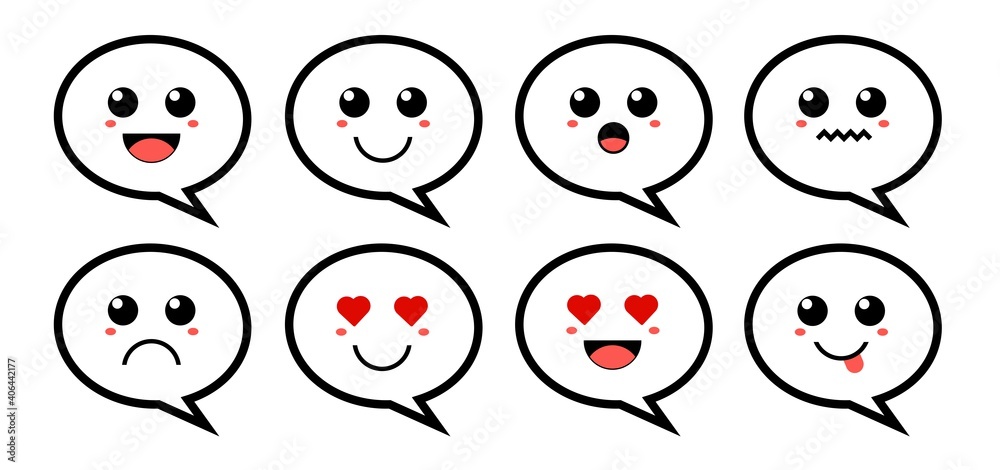 Set of cute cartoon colorful chat bubble with different emotions. Funny emotions character collection for kids. Fantasy characters. Vector illustrations, cartoon flat style Set of cute cartoon colorful chat bubble with different emotions. Funny emotions character collection for kids. Fantasy characters. Vector illustrations, cartoon flat style