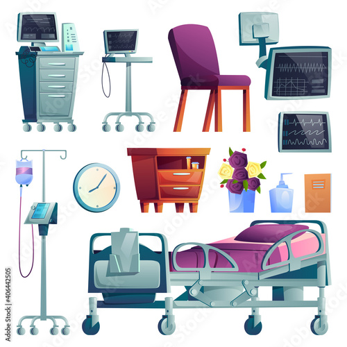 Hospital ward interior and equipment set of cartoon icons. Vector medical post-operation recovery bed, monitors for patient supervision, clinic furniture, dropper and clock, computer and folder