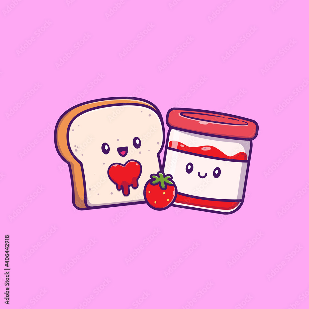 Cute Bread With Cute Strawberry Jam Cartoon Vector Icon Illustration