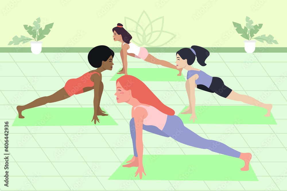 Girls do yoga in a group