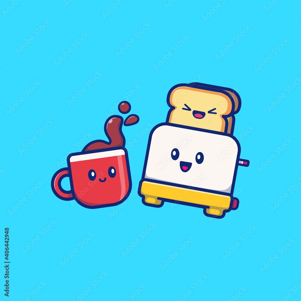 Cute Coffee With Toast Bread Cartoon Vector Icon Illustration. Breakfast Food Icon Concept Isolated Premium Vector. Flat Cartoon Style
