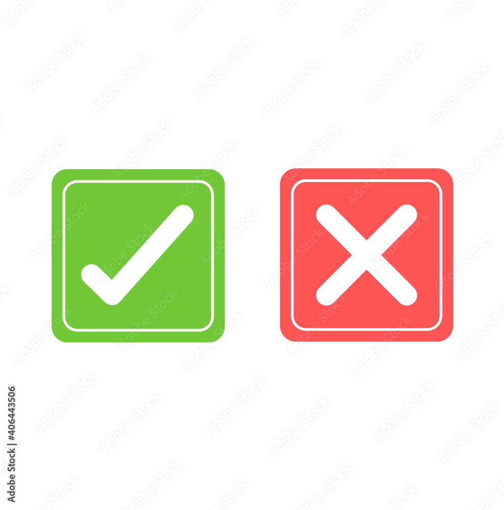 Tick and cross signs. Green checkmark and red X isolated icons. Check mark symbols. Tick and cross signs. Green checkmark and red X isolated icons. Check mark symbols.