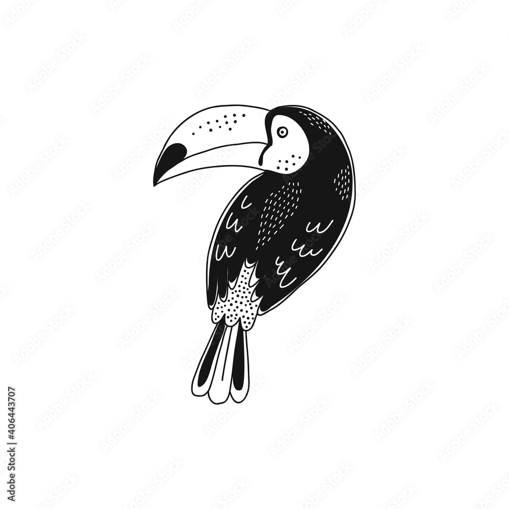 Fototapeta premium Cute decorative toucan isolated illustration . Jungle bird black and white childish graphic drawing Perfect for one colour silk screen printing t-shirt design