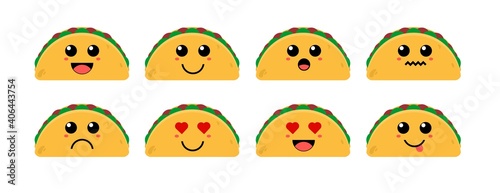 Set of cute cartoon colorful taco with different emotions. Funny emotions character collection for kids. Fantasy characters. Vector illustrations, cartoon flat style