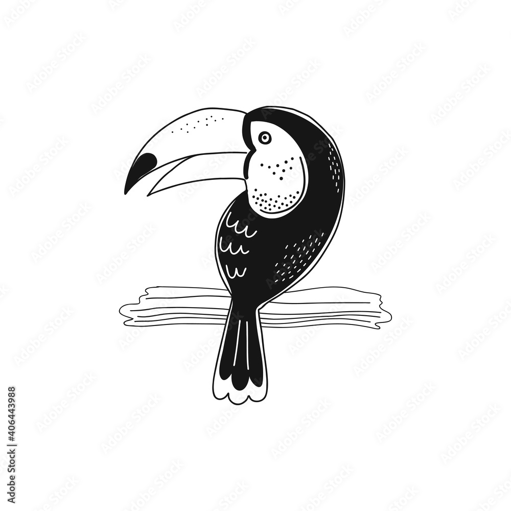 Fototapeta premium Toucan sitting on branch isolated illustration isolated vector illustration. Jungle bird black and white childish graphic drawing Perfect for one colour silk screen printing t-shirt design