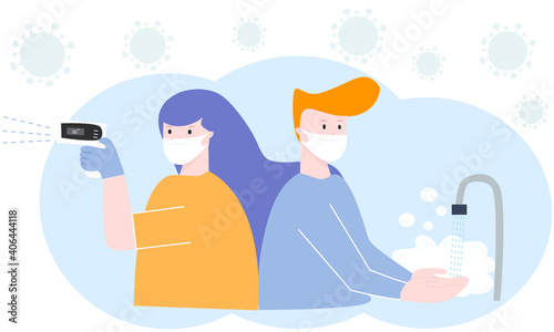 COVID-19 hygiene promotion with wearing face a mask , Check body temperature And wash your hands thoroughly ever