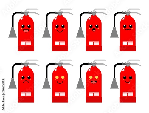 Set of cute cartoon colorful fire extinguisher with different emotions. Funny emotions character collection for kids. Fantasy characters. Vector illustrations, cartoon flat style